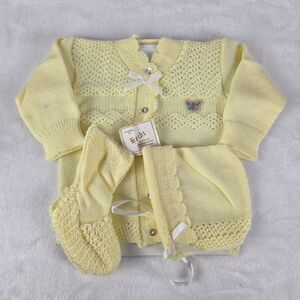 VTG Heidi Yellow 3 Piece Sweater Set Infants Sweater Booties Hat Butterfly